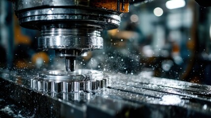 Close up industrial metal gear machining process with water splashes and sparks