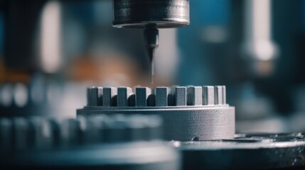 Close up view of a precision milling machine precisely shaping a metallic component in a factory