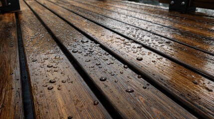 Dark brown wooden deck surface covered in numerous water droplets after rainfall