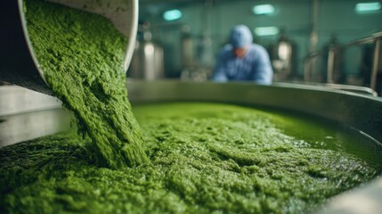 Green viscous liquid being poured into a large industrial vat with a blurred worker in the background