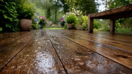 Wet wooden deck after rain reflecting ambient light with blurred lush garden and bench in background