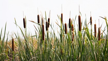 cattails bulrushes on lake against white background with copy space for world wetlands day