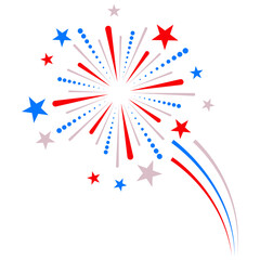 Patriotic Fireworks Fourth of July Stars Red Blue 4th of July Fireworks. Patriotic fireworks icon in cartoon style isolated on white background. Patriot day symbol