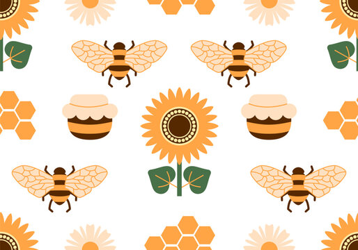 Cute cheerful honey bees, gathering nectar, caring for honeycombs and visiting flowers. Honey seamless pattern