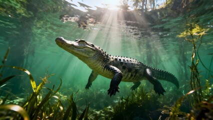 Underwater view of a small alligator swimming through clear water and aquatic plants