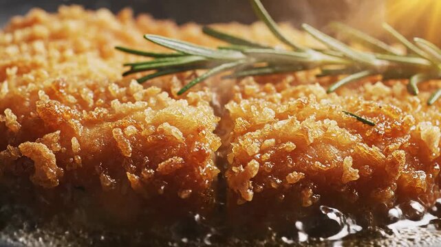 Crispy golden breaded chicken cutlet sizzling in hot oil with rosemary garnish