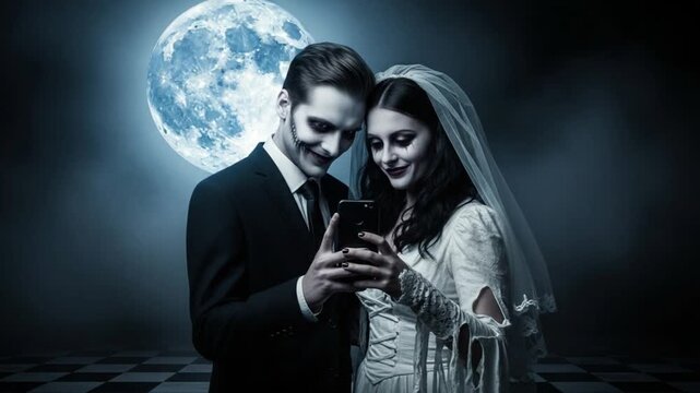 Vampire couple in wedding attire using smartphone together under full moon