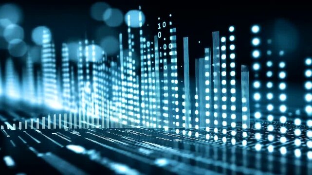 Abstract glowing blue binary code and data visualization on a dark digital background