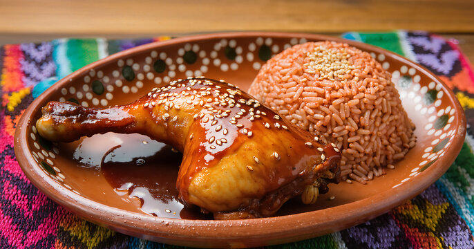 Classic Chicken Mole Poblano with Sesame Seeds and Mexican Rice