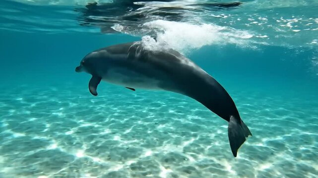 Dolphin Swimming Underwater in Clear Blue Ocean.