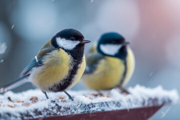 Obraz premium Two small yellow and black birds perched on a snowy feeder under soft winter light during gentle snowfall in a peaceful outdoor setting