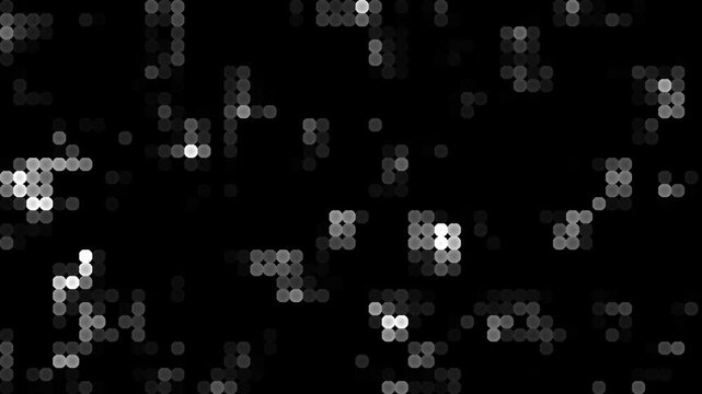Abstract pattern of white and gray hexagonal dots creating a digital bokeh effect on a black background