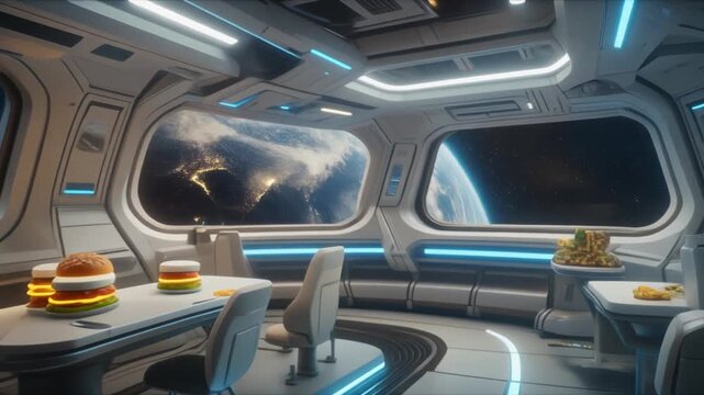 Futuristic Spaceship Dining Area with Earth View Generative AI