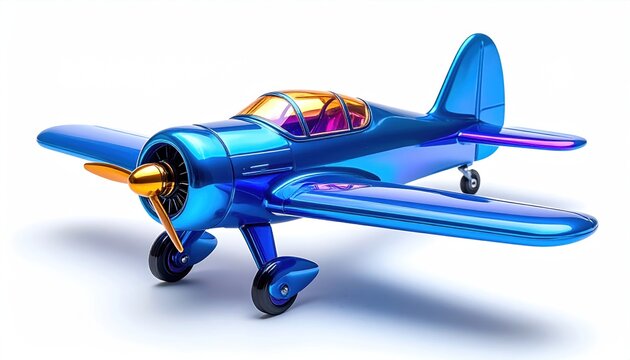 Shiny blue toy airplane with gold propeller and accents, set against a bright white background
