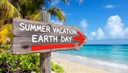 Fototapeta premium Earth Day Summer Vacation Sign on a Tropical Beach