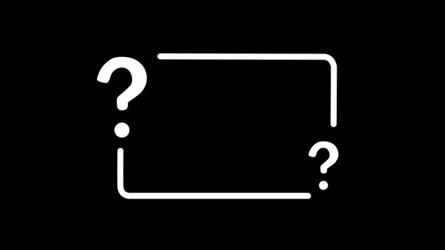 Minimalist white line frame with question marks on a black background, 2d animation, loop