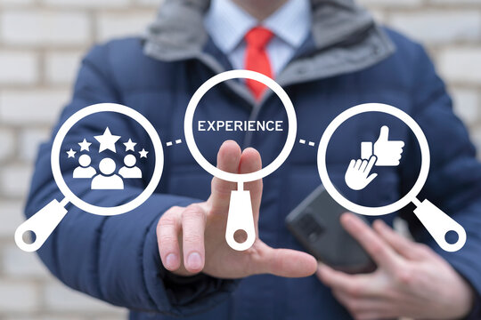Client Experience and Customer Satisfaction Business concept. Business person using virtual touch screen presses the text EXPERIENCE. Rating Service Feedback.