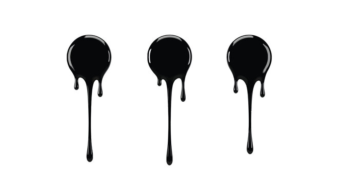 Three drops of thick black liquid paint are dripping vertically down on white.