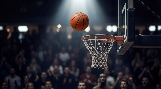 Action shot of a basketball flying into the hoop against a blurred stadium background with cheering fans. High-energy sports moment capturing a successful goal and professional game atmosphere.