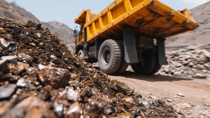 Obraz premium Large yellow dump truck in open-pit mine. Close-up of raw ore on ground with heavy machinery in background. Industrial extraction of natural resources and mining industry