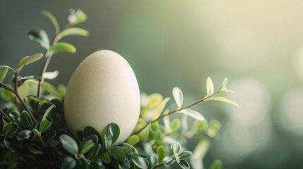 Soft natural composition with pale egg nestled in green leaves, concept of growth, renewal, sustainability, organic life and gentle spring harmony
