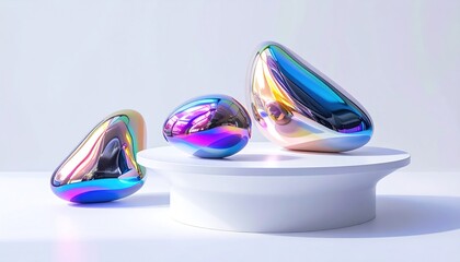 Three iridescent, abstract, smooth-surfaced shapes, one on a platform, reflecting light