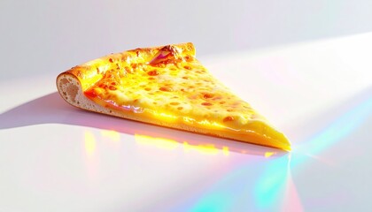 A perfectly lit slice of cheesy pizza against a clean white background with colorful light flares