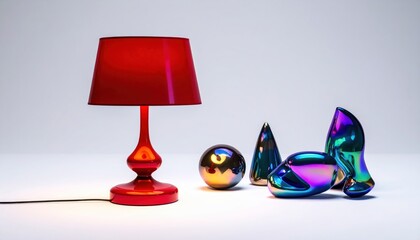 A vibrant red lamp and glossy, colorful abstract objects sit on a white surface