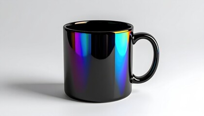 A glossy black mug reflects light in a rainbow of colors, on a plain white background