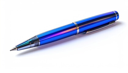 Close-up of a vibrant blue pen with iridescent sheen and metallic accents, isolated