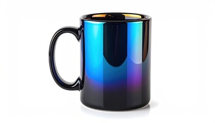 A glossy mug with a black handle, featuring iridescent color gradients against white backdrop