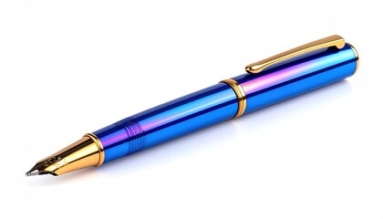 A high-angle studio shot of a shiny, blue and gold fountain pen on a white background