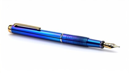 Iridescent blue fountain pen, gold accents, angled on white backdrop, high-key lighting