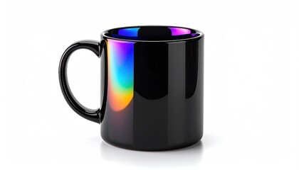 A glossy black mug with a rainbow sheen reflecting light, isolated on white background