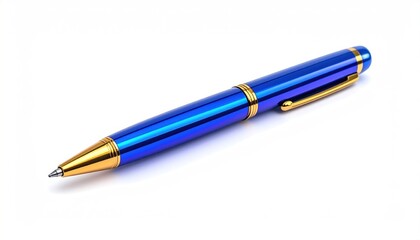 Sleek blue pen with gold accents, laying diagonally on a white, clean background