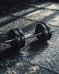 One black dumbbell on dark textured surface. Professional sports equipment. Strength training, muscle development, workout discipline, physical sport, fitness based exercise routine, endurance, health
