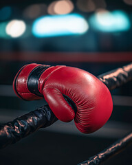 Red boxing glove resting on edge of boxing ring. Sports equipment. Combat fitness, endurance training routine, physical performance, athletic sport, conditioning in gym, strength, powerful discipline.
