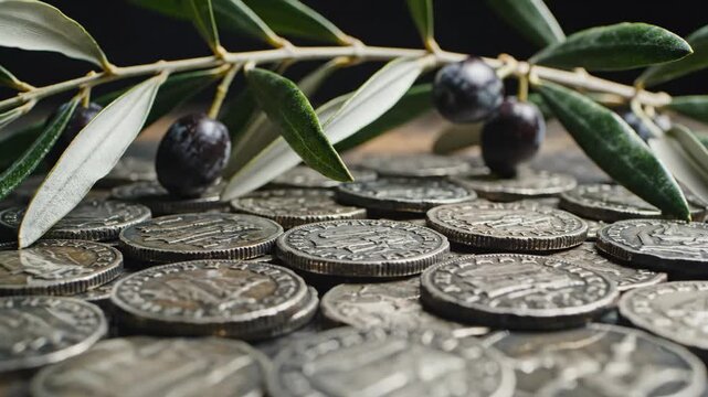 Olive branch with coins representing betrayal during Lent and Palm Sunday, depicting the time before Easter, reminding of Judas thirty pieces of silver.