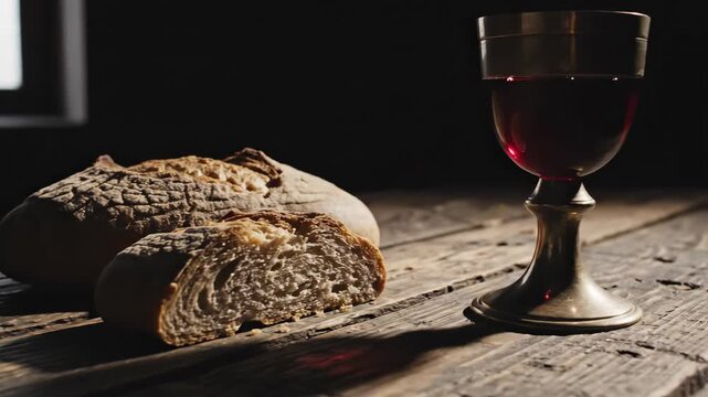 Bread and wine scene from the Bible with loaf of bread and glass of red wine on rustic wooden table. This meal symbolizes the time before Easter, with bread representing the betrayal of Judas.