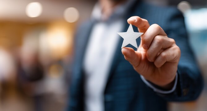 businessman's hand holding a star icon with a blurred background, a close-up shot of a businessman showcasing customer experience and satisfaction, isolated on a blurred office interior Generative AI