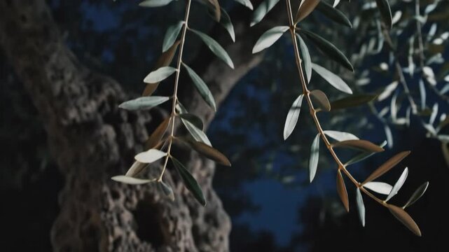 Olive tree branches with lush green and silver foliage against dark background. Olive leaves sway gently, showcasing natural beauty and detail.
