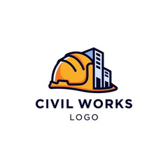 Civil Works Logo with Orange Hard Hat and Modern Buildings Icon for Construction and Engineering Business Branding