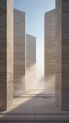 Monumental fictional architectural interior with tall minimalist stone walls and soft natural light. Abstract, timeless space conveying silence, scale, and future-oriented design.
