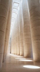Monumental fictional architectural interior with tall minimalist stone walls and soft natural light. Abstract, timeless space conveying silence, scale, and future-oriented design.
