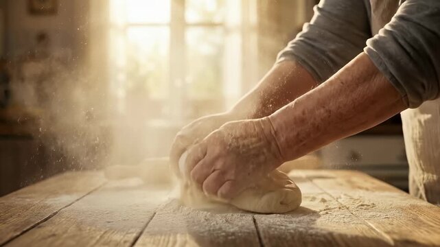 Hands press and fold dough on wooden surface in bright kitchen. Flour dust fills air in morning light. Concept of baking, cooking classes, culinary arts