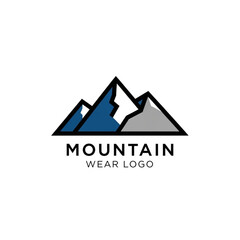 Minimalist Mountain Wear Logo Design with Blue and Gray Peaks and Bold Typography