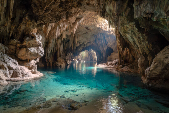 Serenity inside a crystal-clear water cave with stunning light illuminating intricate rock formations and stalactites over tranquil natural underground pool