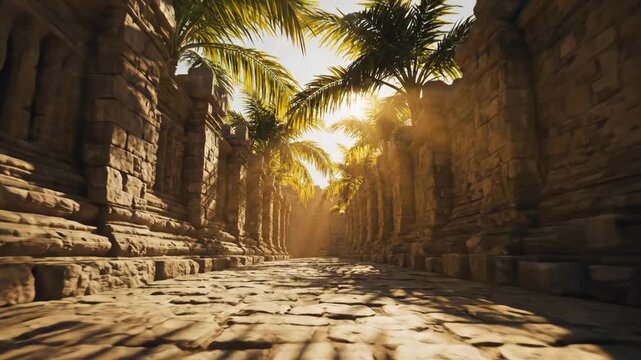 Ancient stone path illuminated by sunlight with palm trees lining the way. Mystical atmosphere created by sunlight filtering through trees, showcasing intricate stonework and ancient ruins.