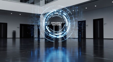 Futuristic digital interface displaying 'Efficiency' in a modern, minimalist atrium