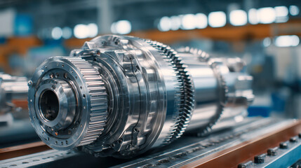 Fototapeta premium Industrial precision metal gear assembly on a production line showcasing complex engineering and manufacturing craftsmanship in a modern factory setting